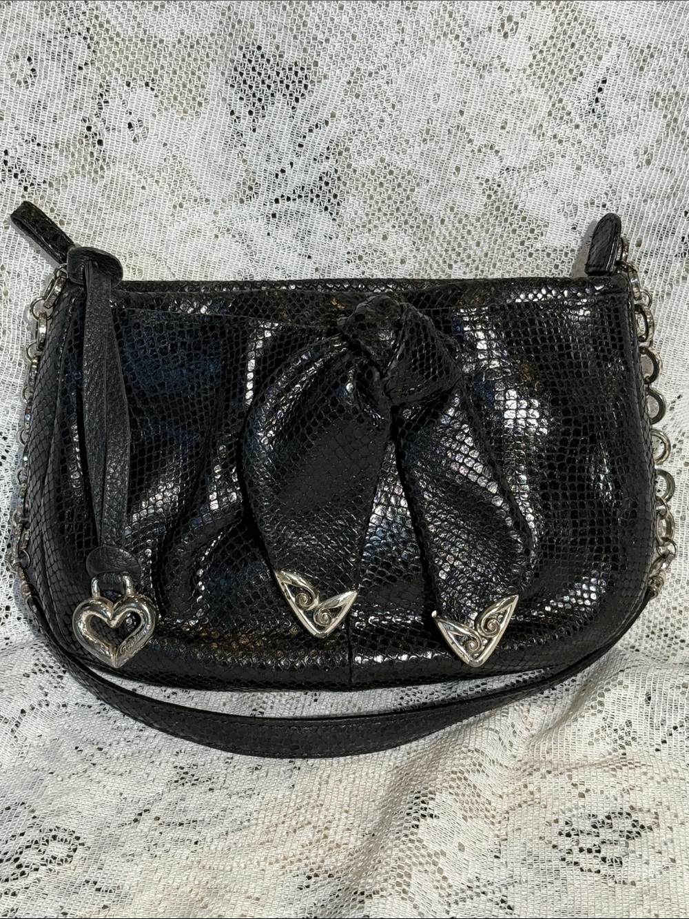 Brighton Black Snake Skin Embossed Leather Shoulder Bag